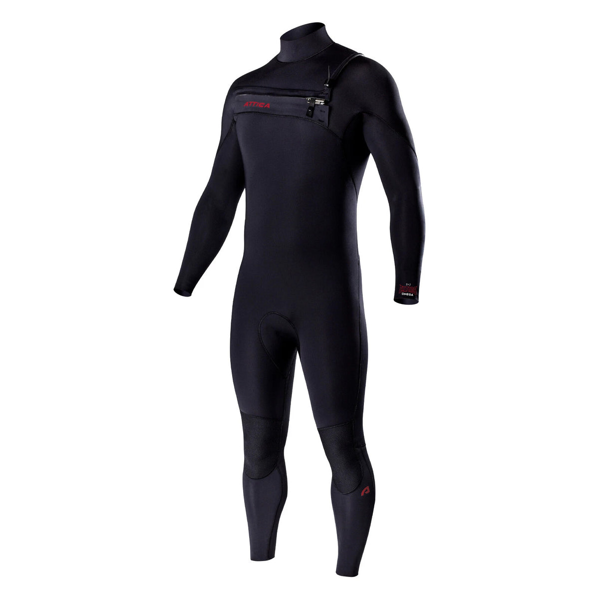 Attica Omega 3/2mm chest zip wetsuit in Black/Red, front view with red Attica logos