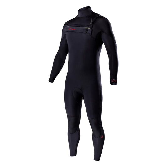 Attica Omega 3/2mm chest zip wetsuit in Black/Red, front view with red Attica logos