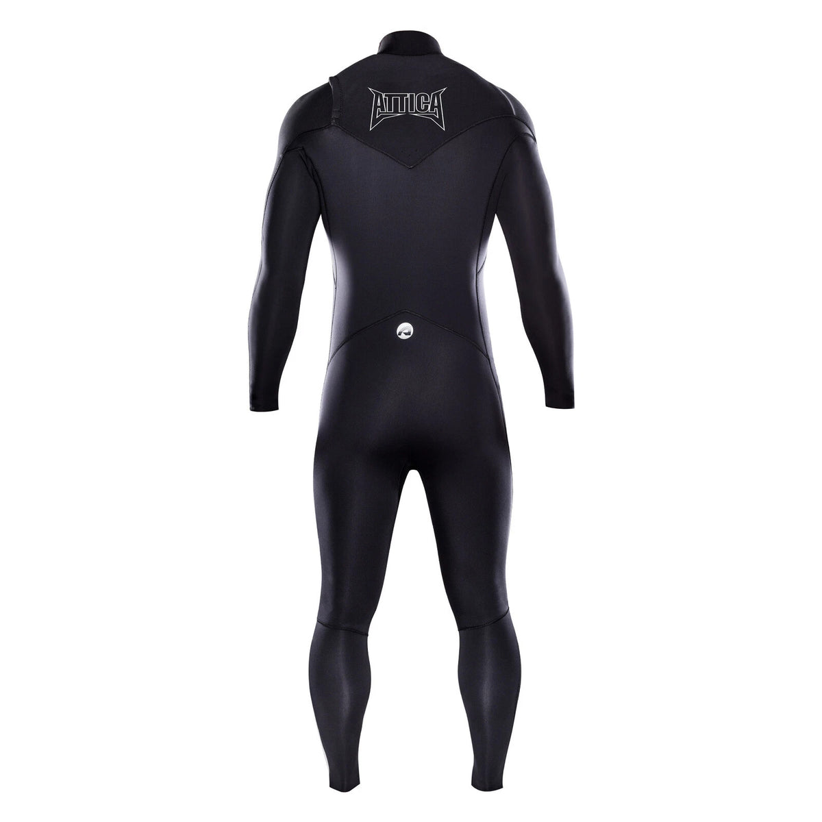 Attica Omega 3/2mm chest zip wetsuit in Black/Silver, back view