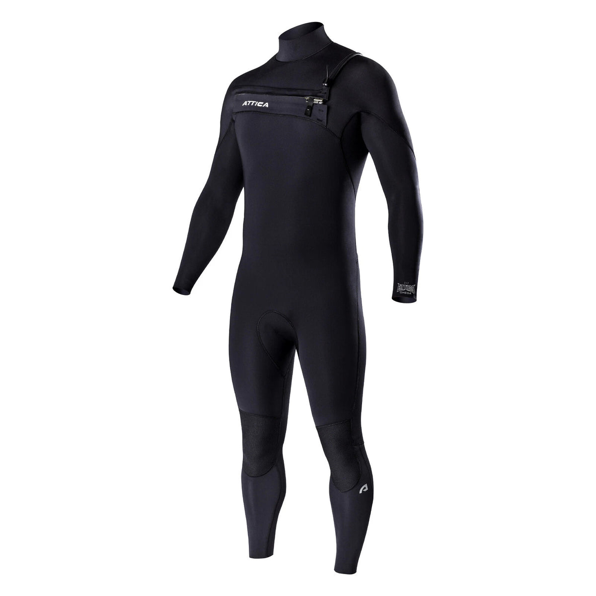 Attica Omega 3/2mm chest zip wetsuit in Black/Silver, front view