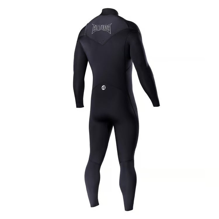 Attica Omega 3/2mm chest zip wetsuit in Black/White, rear three-quarter view