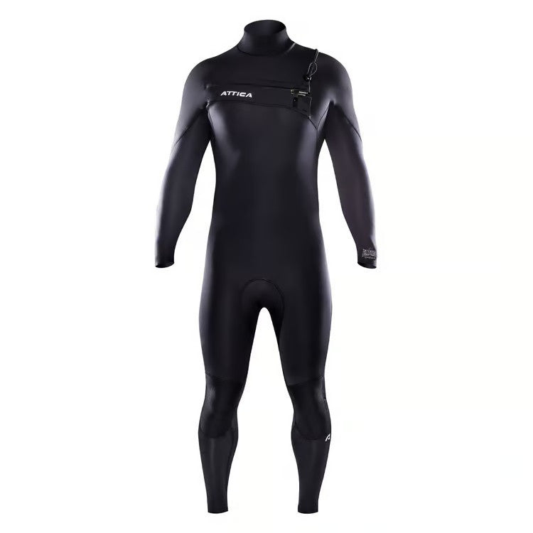 Attica Omega 3/2mm chest zip wetsuit in Black/White, front view