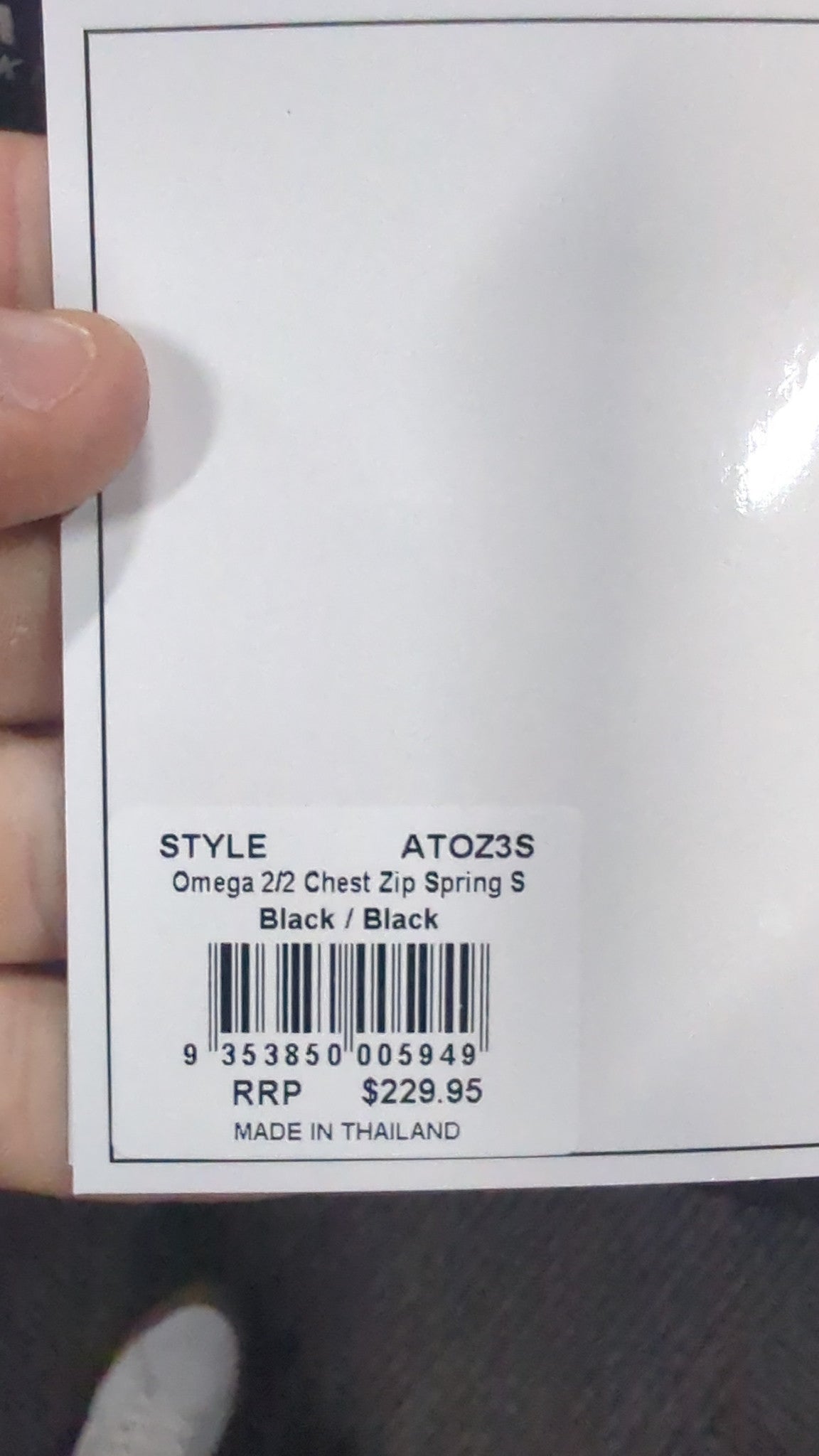 Original Attica Omega ATOZ3S Black/Black garment label showing barcode 9353850005949