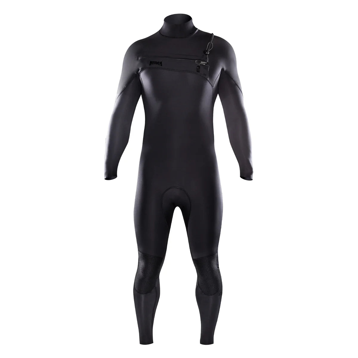 Front detail view of Attica Omega Chest Zip 3/2mm Steamer Wetsuit in Black Noir shed nine