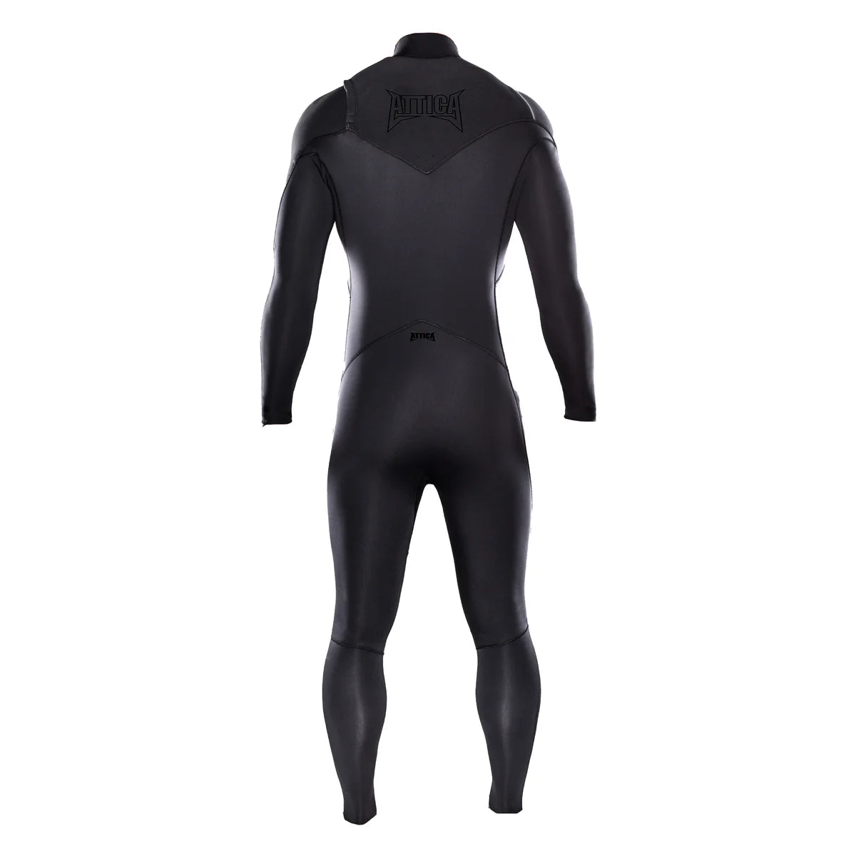 Model back view wearing Attica Omega Chest Zip 3/2mm Steamer Wetsuit in Black Noir shed nine