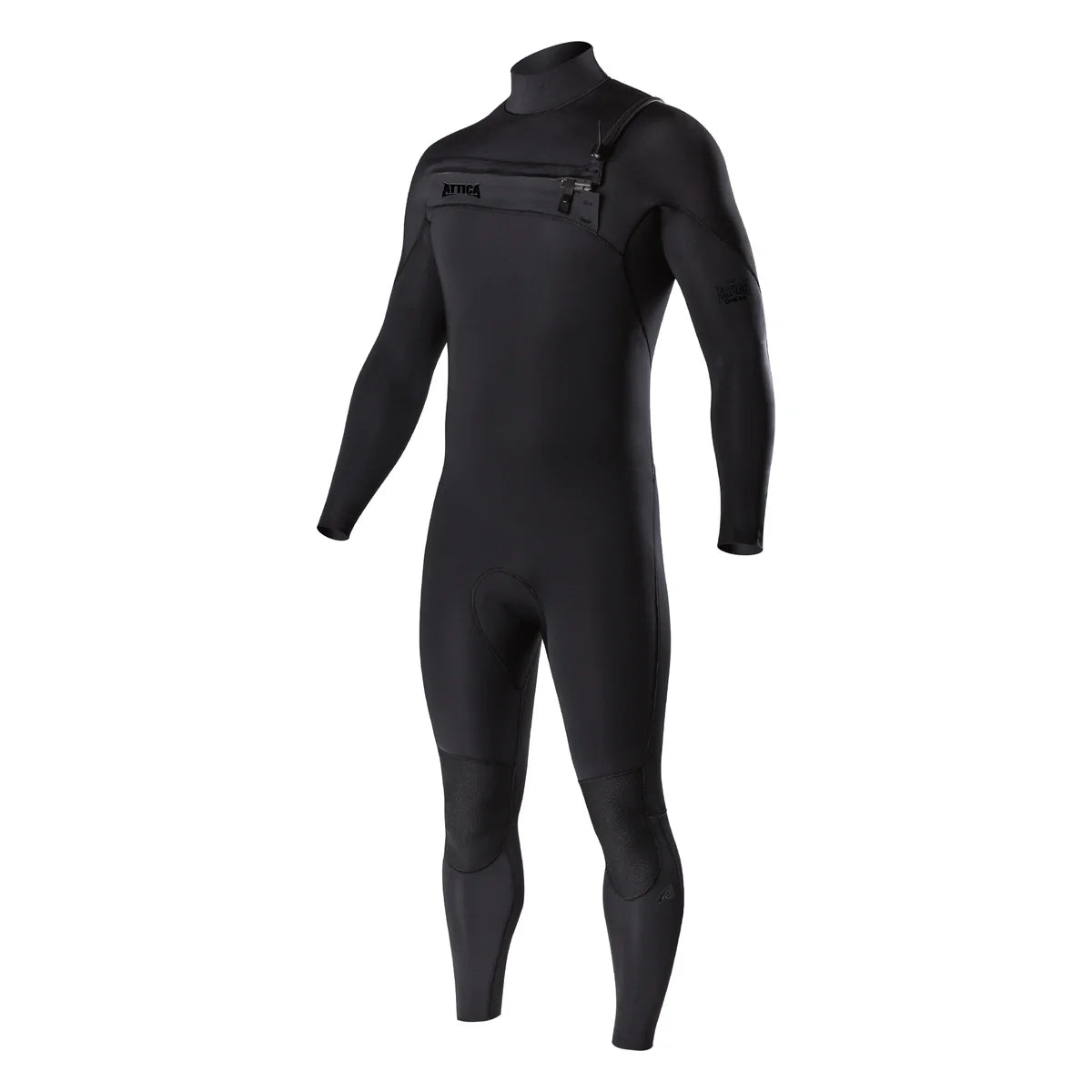 Model front view wearing Attica Omega Chest Zip 3/2mm Steamer Wetsuit in Black Noir shed nine