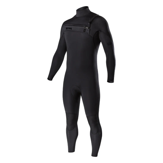 Model front view wearing Attica Omega Chest Zip 3/2mm Steamer Wetsuit in Black Noir shed nine