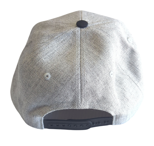 Gray cap with a black brim on a white background