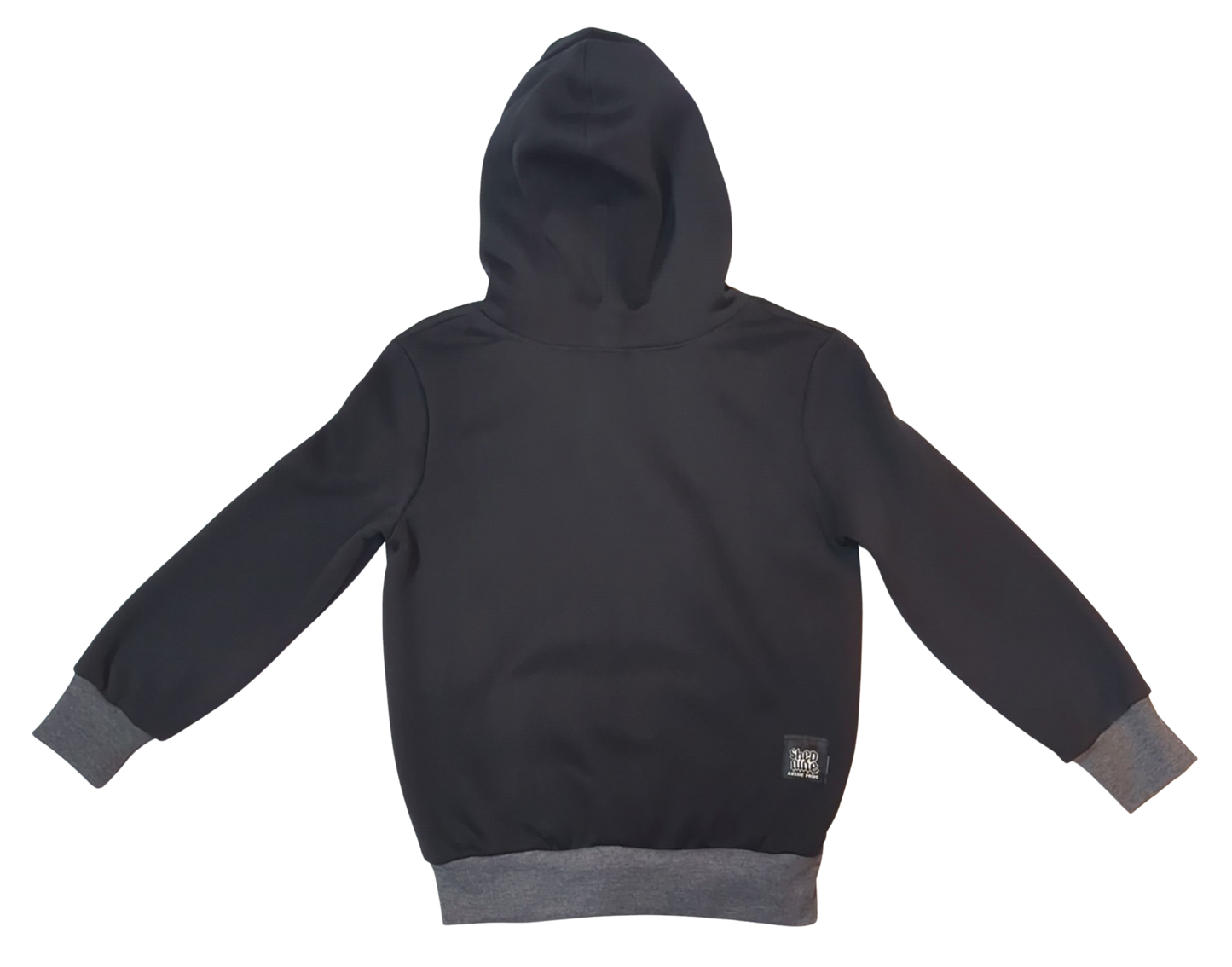 Black hoodie with gray cuffs and hem on a white background