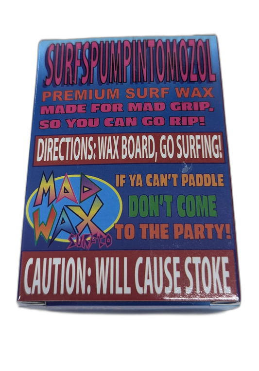 Box of Mad Wax surf wax with colorful text and branding on a white background