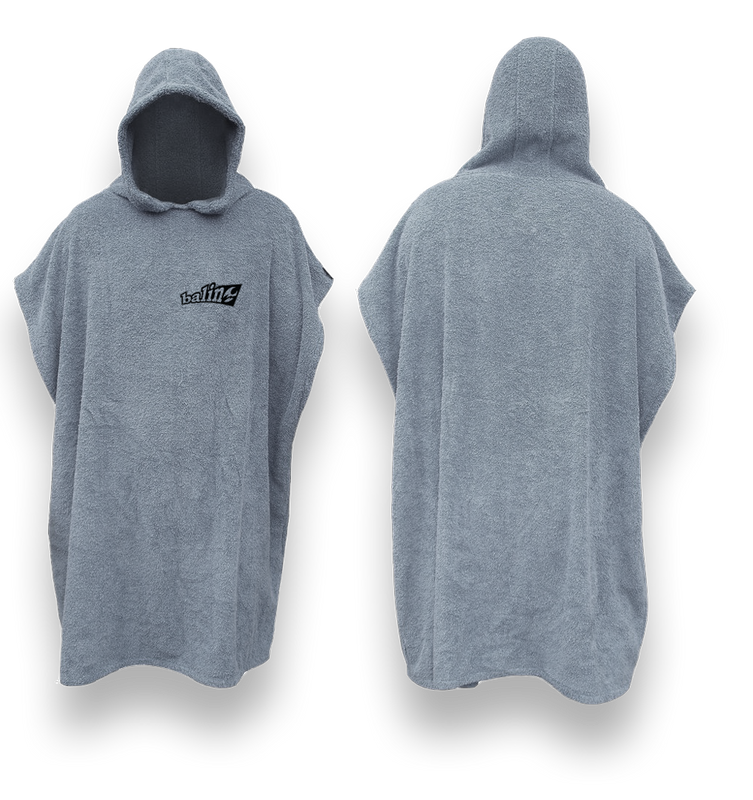 Balin Surf Changing Poncho, front and back views of grey hooded surf poncho