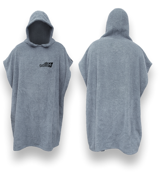 Balin Surf Changing Poncho, front and back views of grey hooded surf poncho