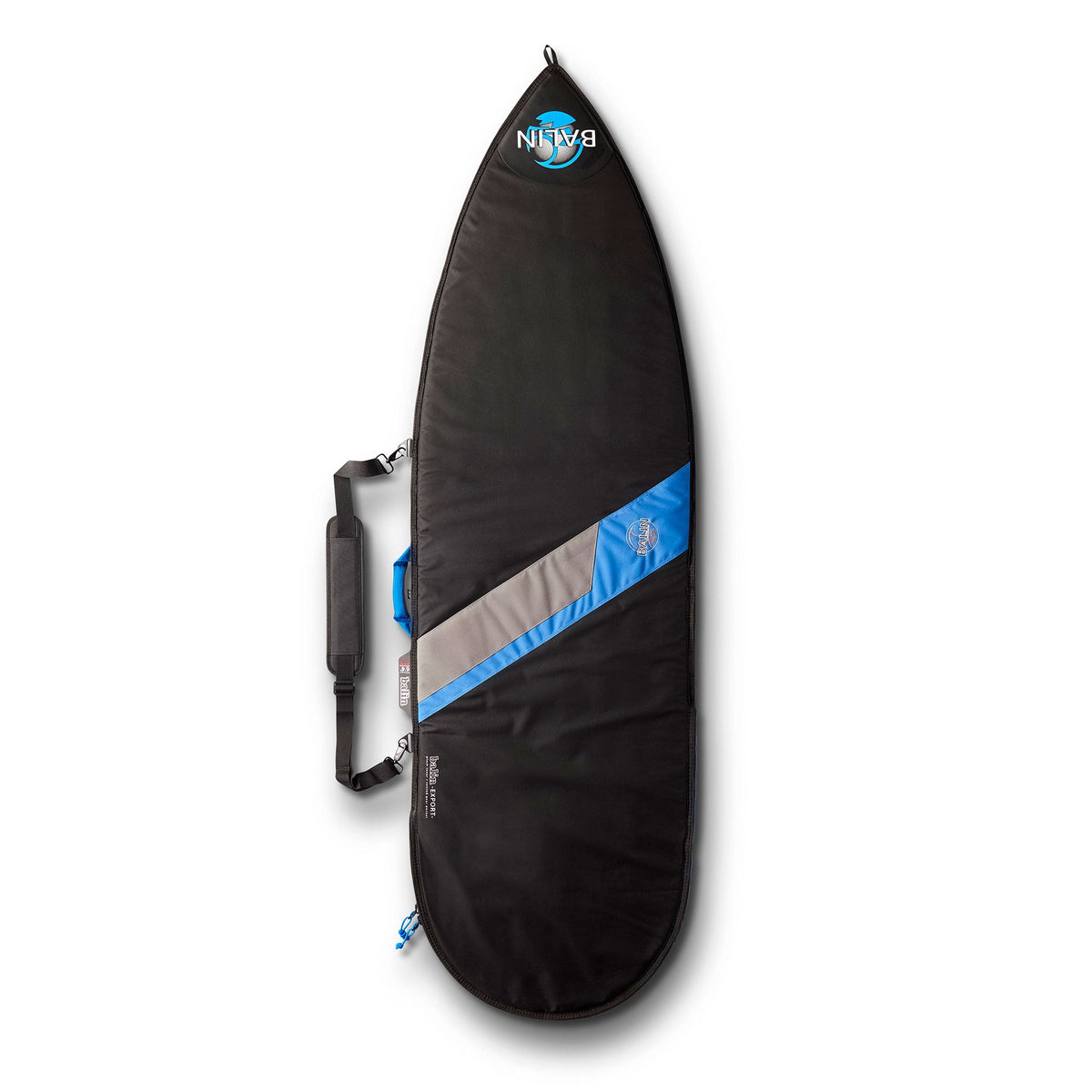 Balin Export Surfboard Cover, black exterior with blue panels and carry handle