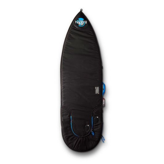 Balin Export Surfboard Cover, black exterior panel with blue details and zip pocket