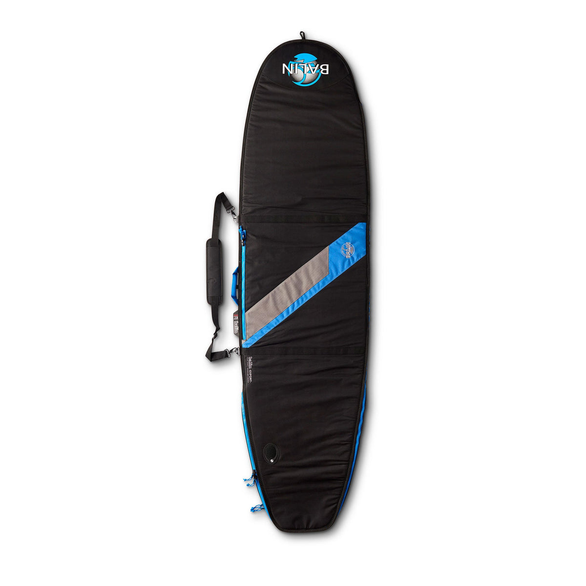 Balin Export Longboard Cover, black exterior with blue panels and carry handle