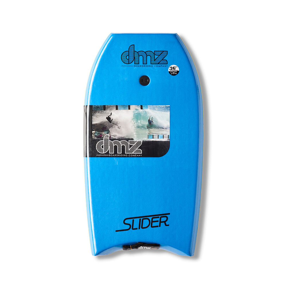 DMZ Slider Bodyboard, light-blue deck with Slider branding and fitted plug