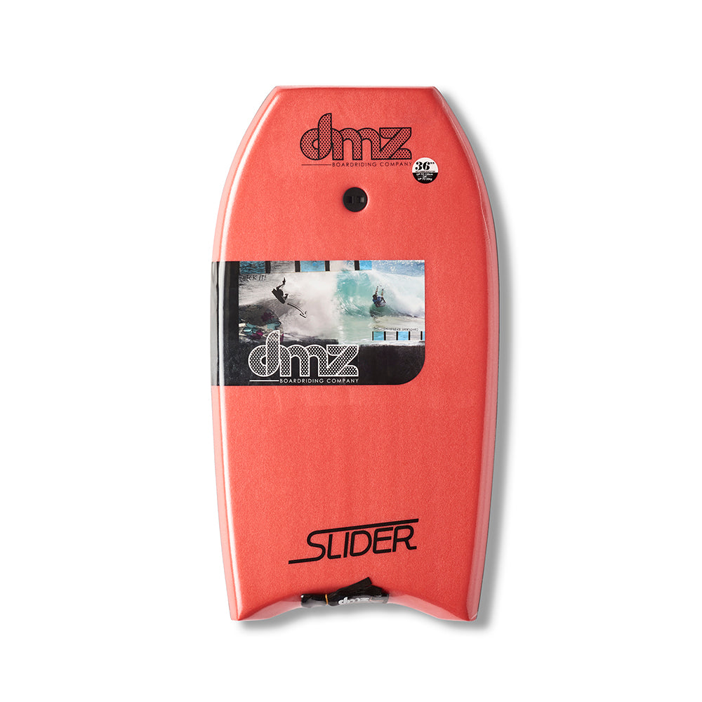 DMZ Slider Bodyboard, red deck with Slider branding and fitted plug