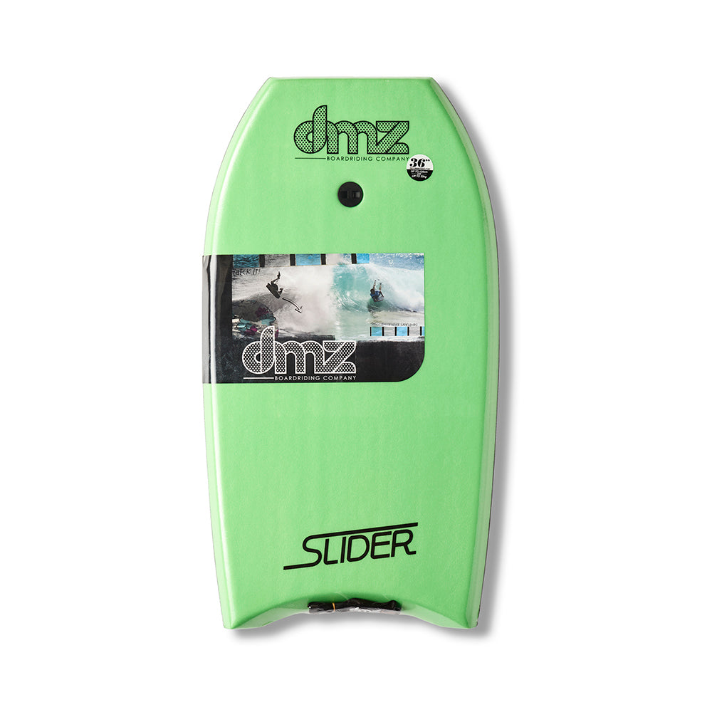 DMZ Slider Bodyboard, green deck with Slider branding and fitted plug