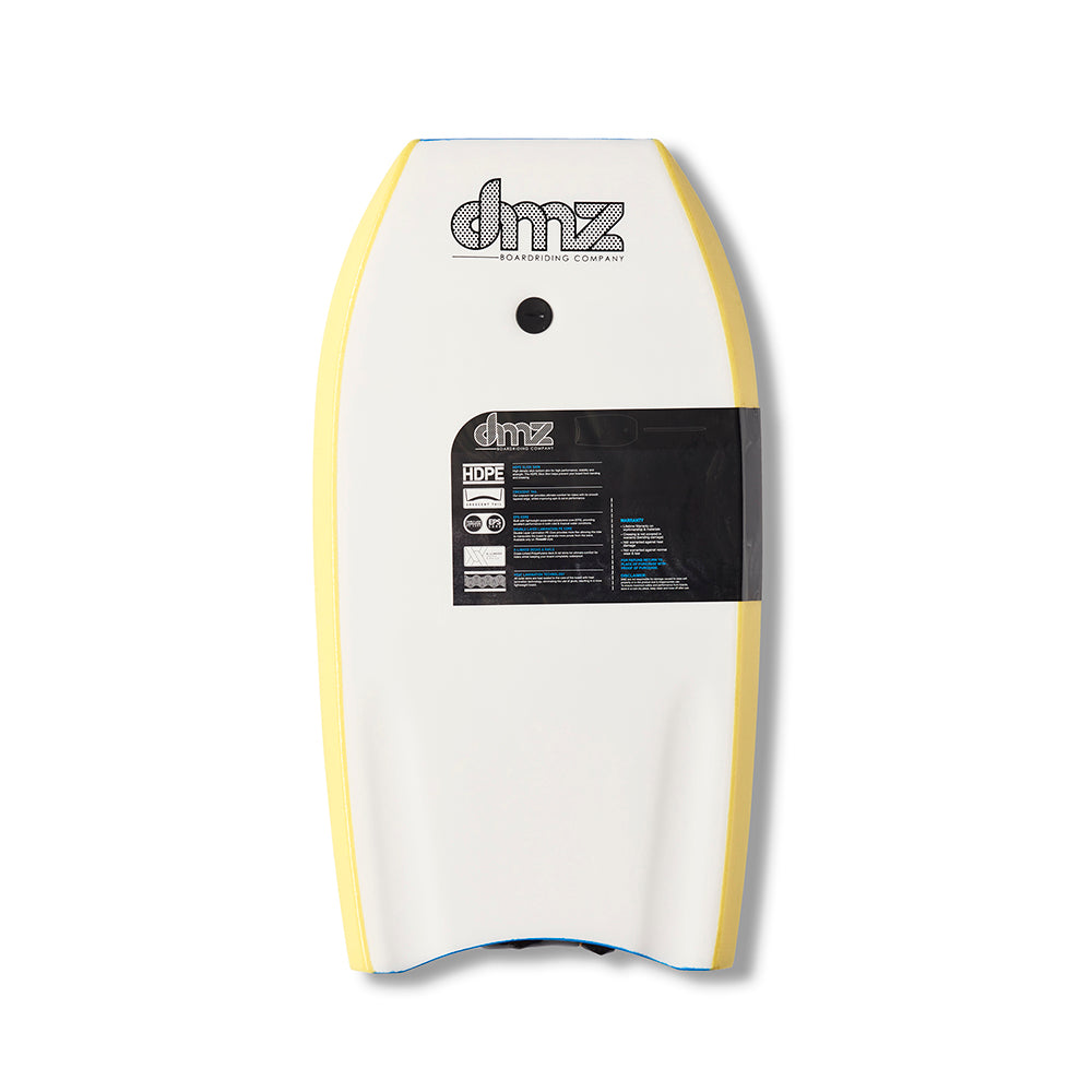 DMZ Slider Bodyboard, white underside with yellow rails and product label