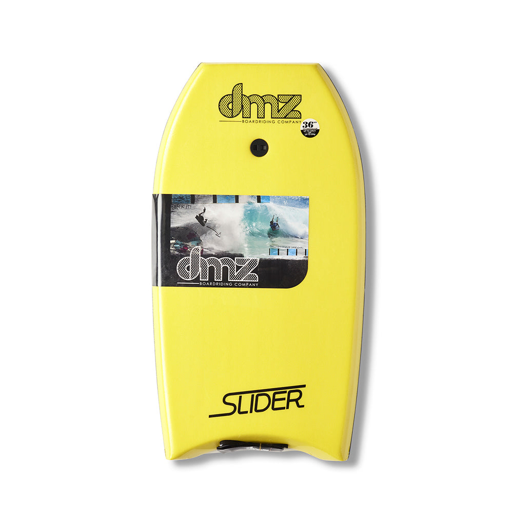 DMZ Slider Bodyboard, yellow deck with Slider branding and fitted plug