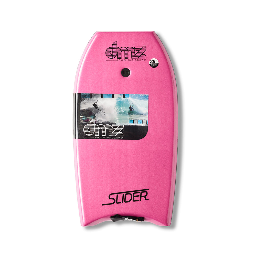 DMZ Slider Bodyboard, pink deck with Slider branding and fitted plug