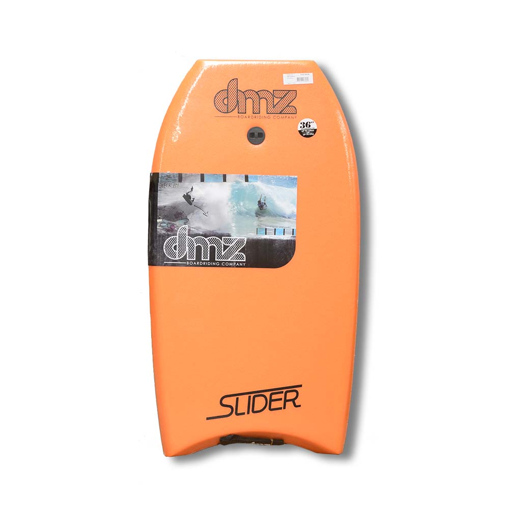 DMZ Slider Bodyboard, orange deck with Slider branding and fitted plug