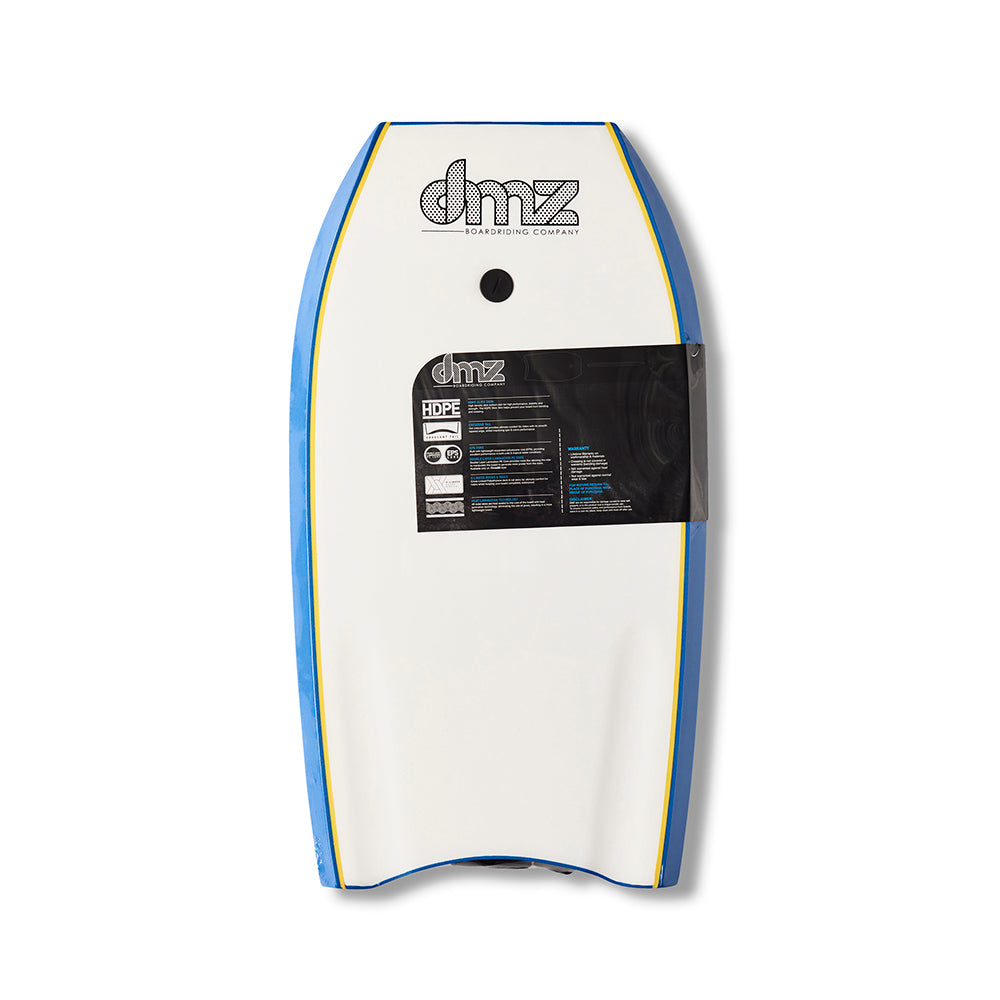 DMZ ONE80 Bodyboard, white underside with blue rails and product label