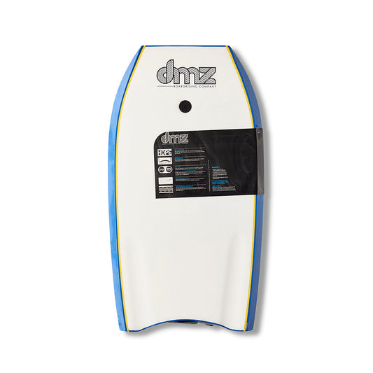 DMZ ONE80 Bodyboard, white underside with blue rails and product label
