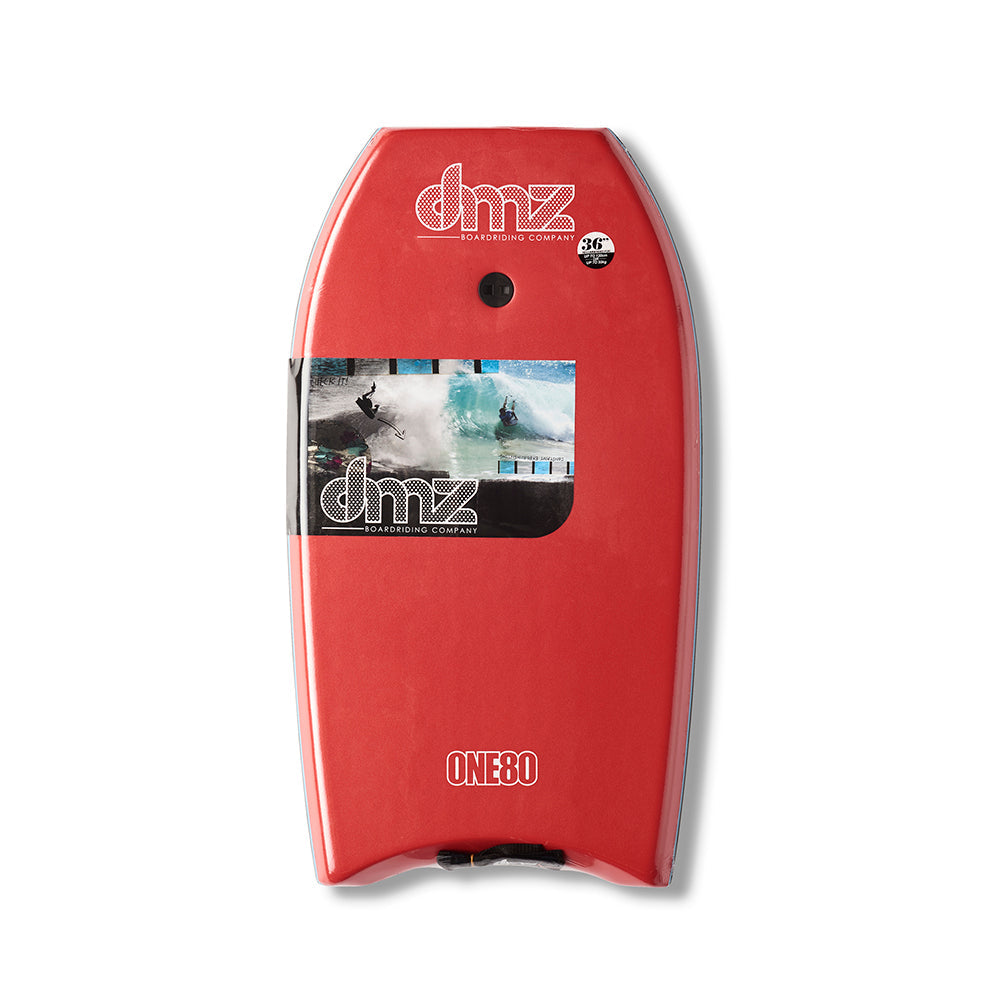 DMZ ONE80 Bodyboard, red deck with DMZ branding and fitted plug