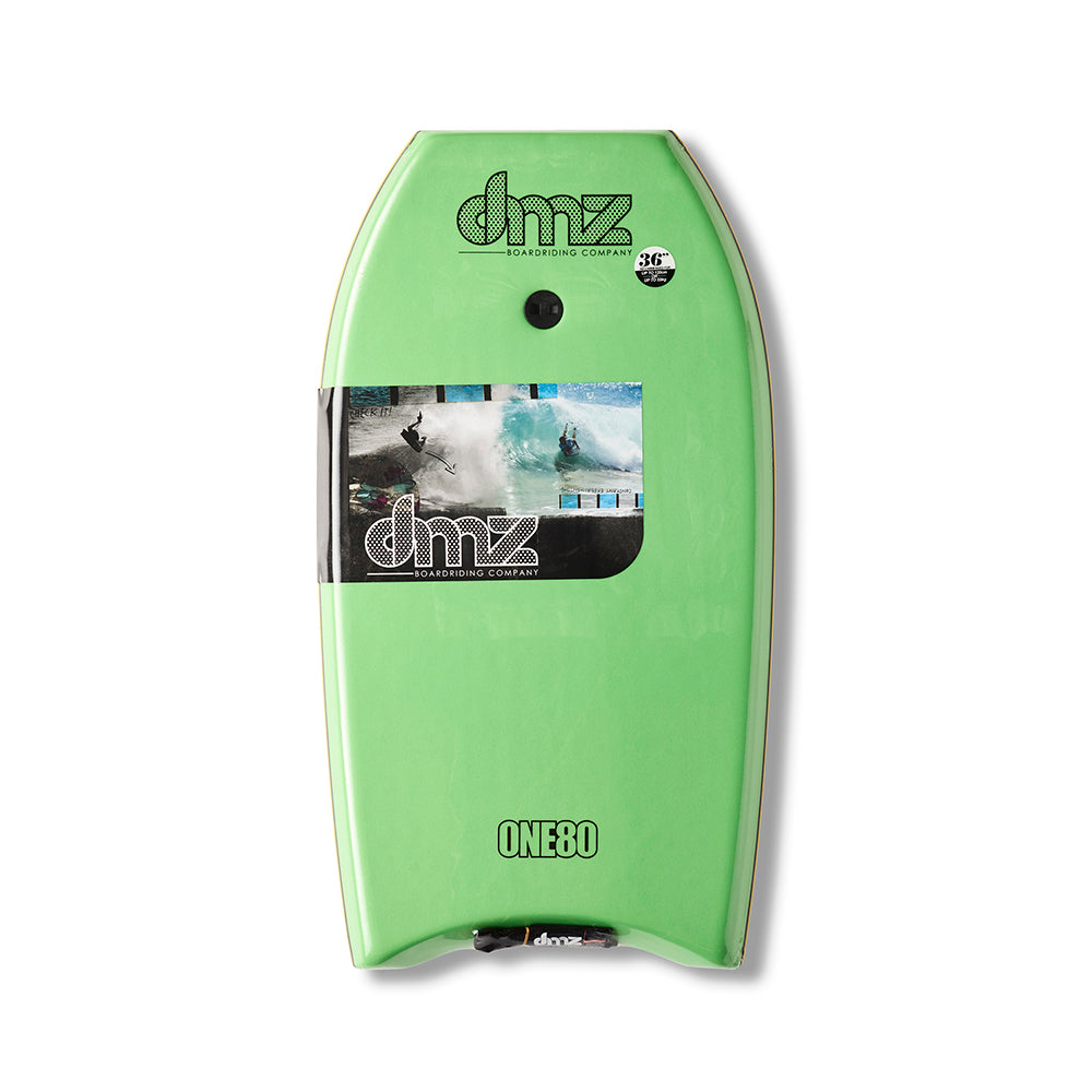 DMZ ONE80 Bodyboard, green deck with DMZ branding and fitted plug