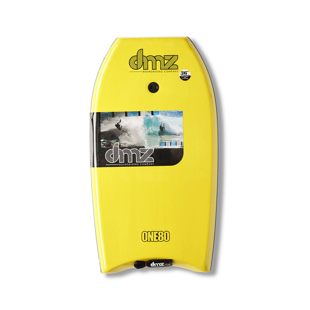 DMZ ONE80 Bodyboard, yellow deck with DMZ branding and fitted plug