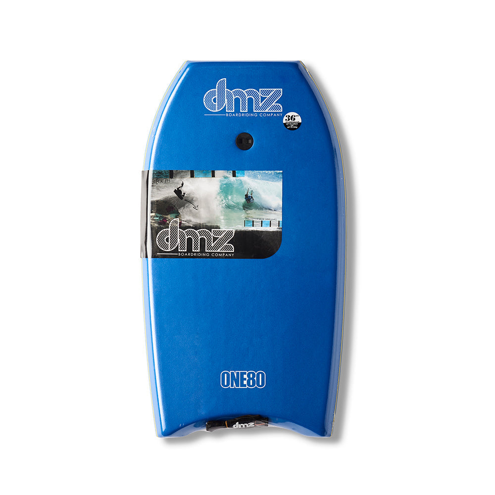 DMZ ONE80 Bodyboard, blue deck with DMZ branding and fitted plug