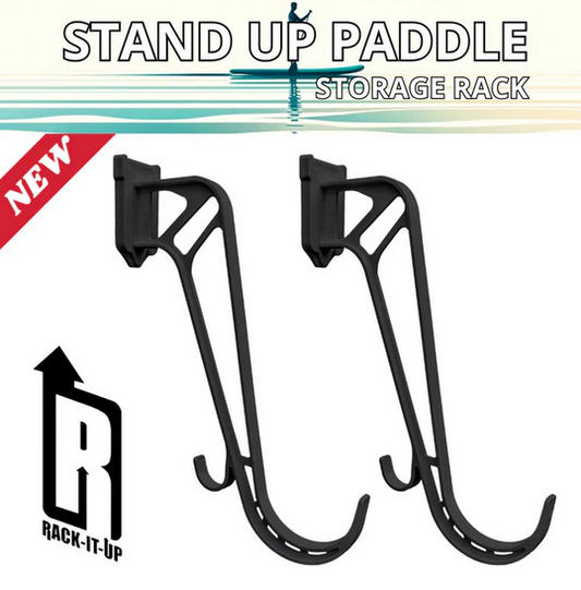 Rack It Up SUP Storage Racks, pair of black storage brackets shown on product packaging