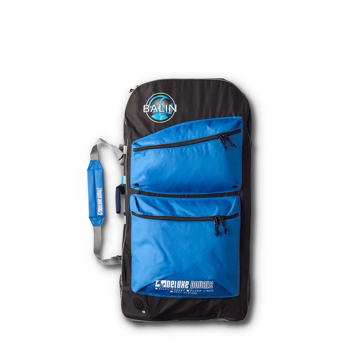 Balin Deluxe Double Bodyboard Bag, black and blue exterior with front pockets