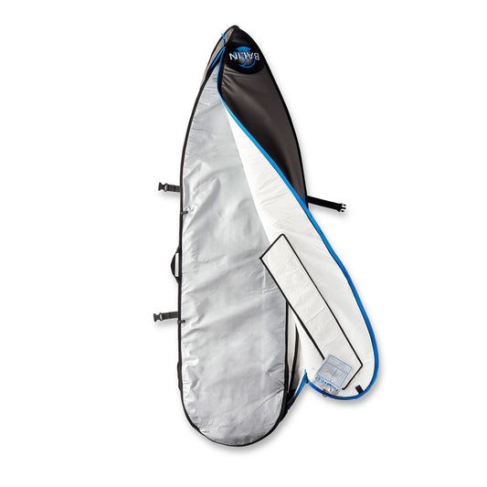 Balin Slimline Triple Surfboard Cover, opened cover showing silver interior and black securing straps