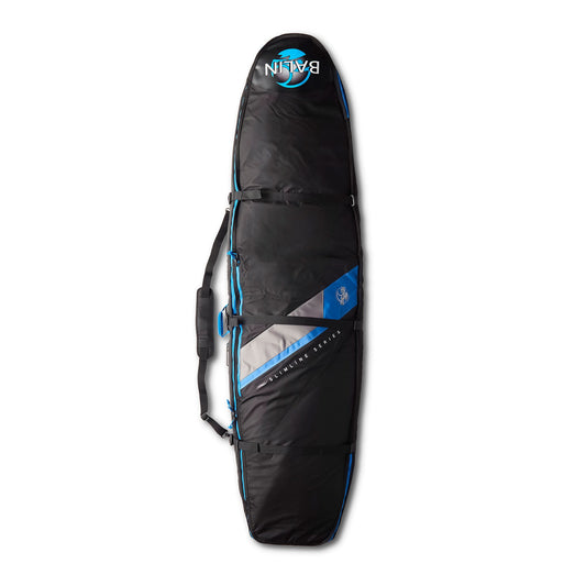 Balin Coffin Triple Wheeler Surfboard Cover, black exterior with carry handles and blue panels