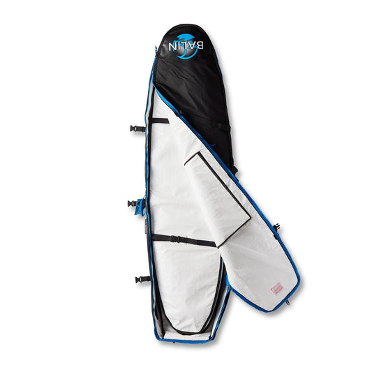 Balin Coffin Triple Wheeler Surfboard Cover, opened cover showing silver interior, black straps and interior pocket