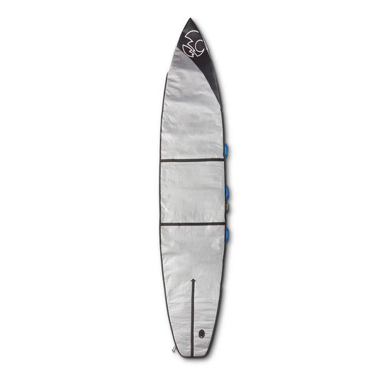 Balin SUP Race Cover, silver exterior of pointed-nose race-board cover