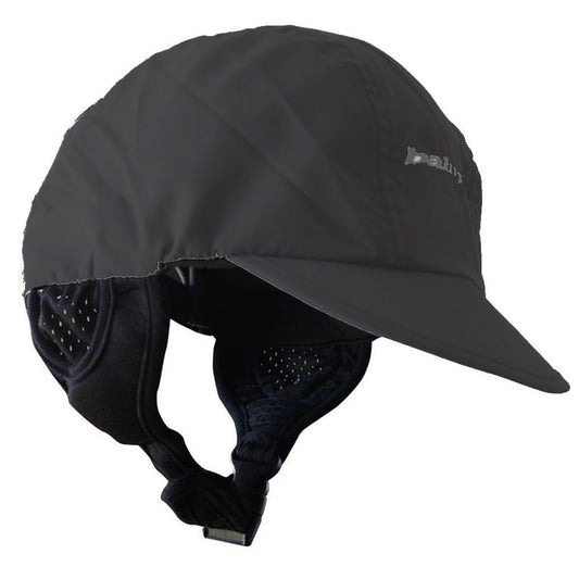Balin Surf Cap, angled view of black surf cap with chin strap