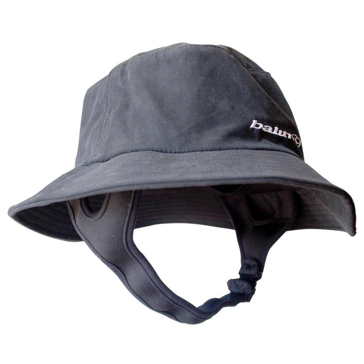 Balin Surf Bucket Hat, angled view of grey bucket hat with chin strap