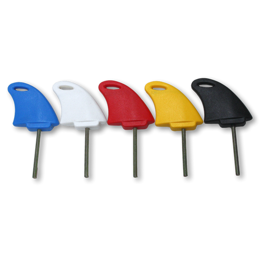 ACME Hex Fin Key, five coloured fin keys with metal shafts visible