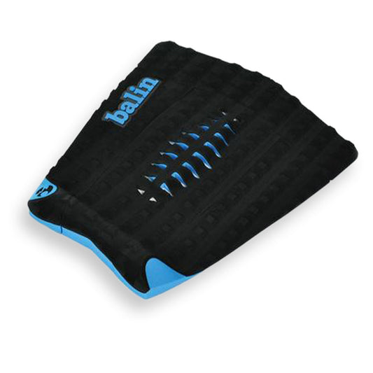 Balin Wide Ride 3-Piece Deck Grip, angled top view of black and blue traction pad