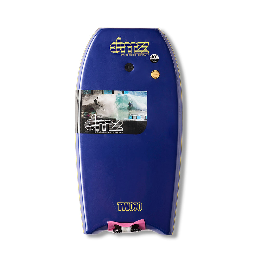 DMZ TWO70 Bodyboard, dark blue deck with DMZ graphics, dark leash plug and product wrapper