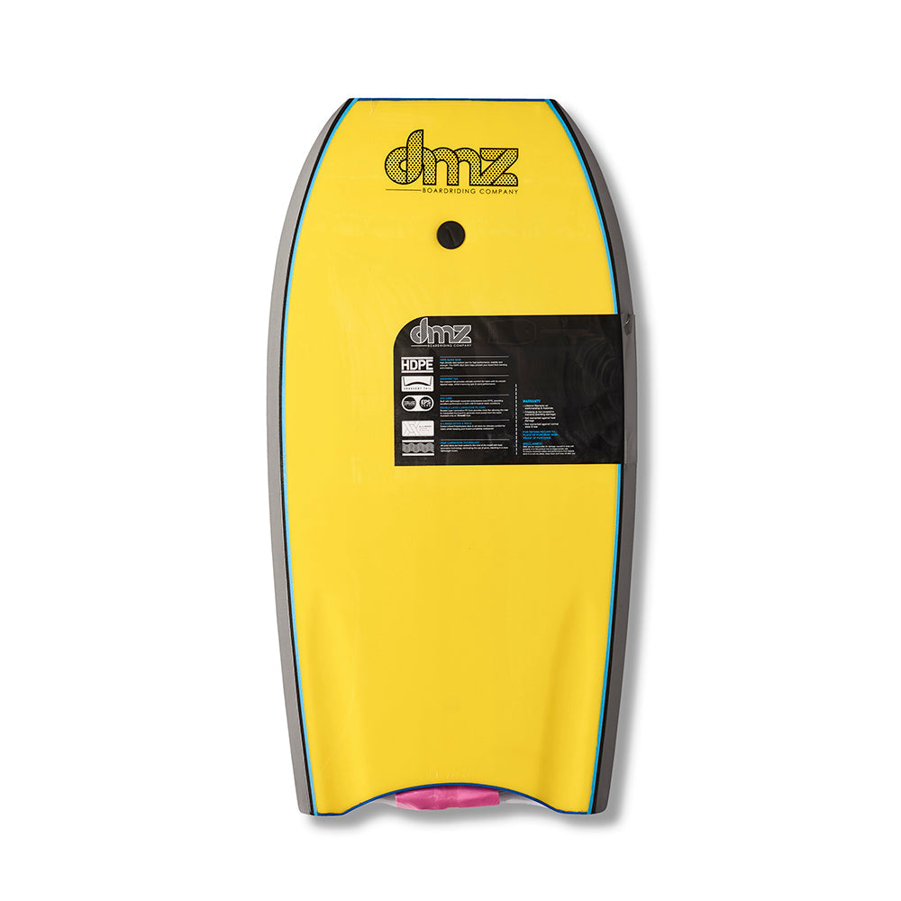 DMZ TWO70 Bodyboard, yellow reverse face with blue edging, dark leash plug and product label