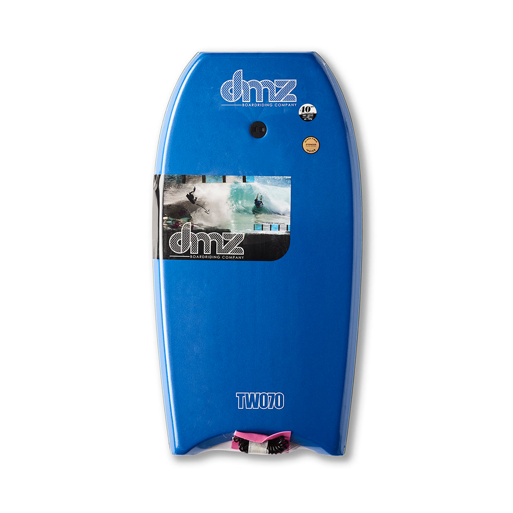 DMZ TWO70 Bodyboard, blue deck view with DMZ graphic