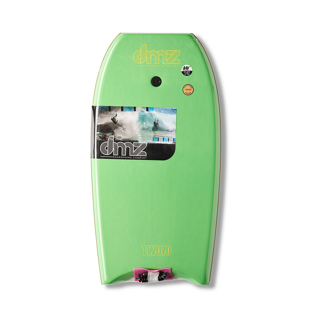 DMZ TWO70 Bodyboard, green deck with DMZ graphics, dark leash plug and product wrapper