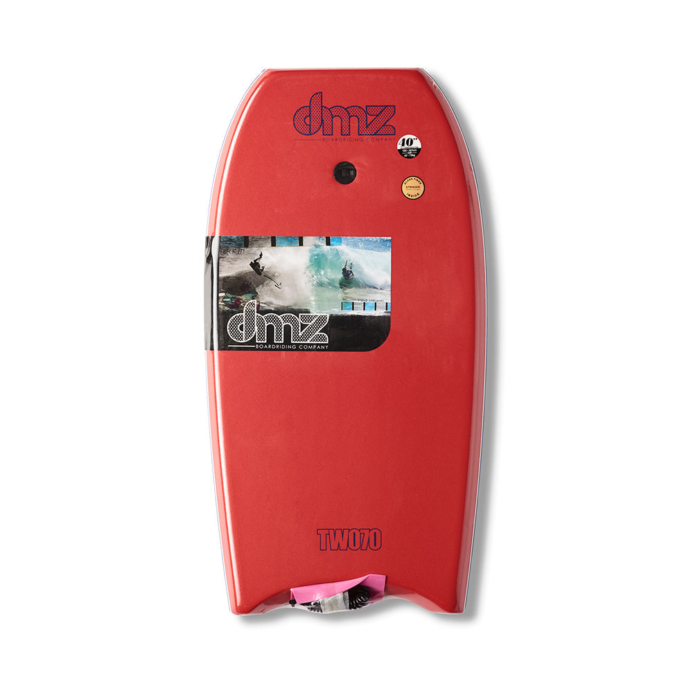 DMZ TWO70 Bodyboard, red deck with DMZ graphics, dark leash plug and product wrapper