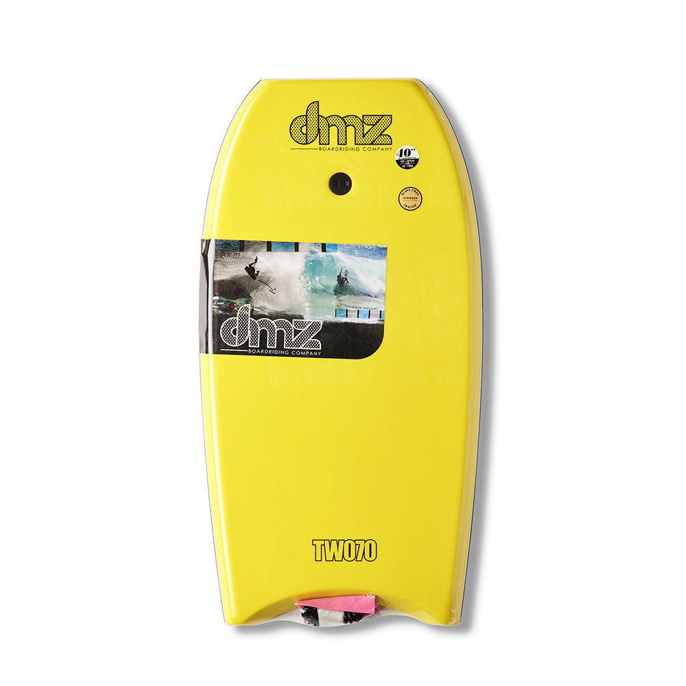 DMZ TWO70 Bodyboard, yellow deck with DMZ graphics, dark leash plug and product wrapper