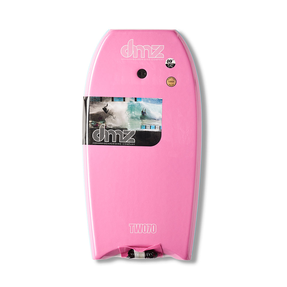 DMZ TWO70 Bodyboard, pink deck with DMZ graphics, dark leash plug and product wrapper