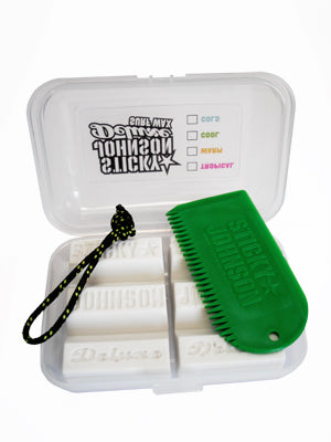 Sticky Johnson Surf Wax Handy Gift Pack, open wax gift case with wax bars comb and cord visible